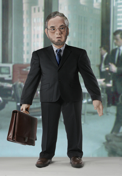 sculpture of doll in corporate america that has been digitally dressed up in a suit