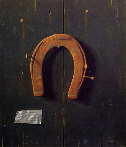 golden horseshoe trompe l'oeil painting by william harnett
