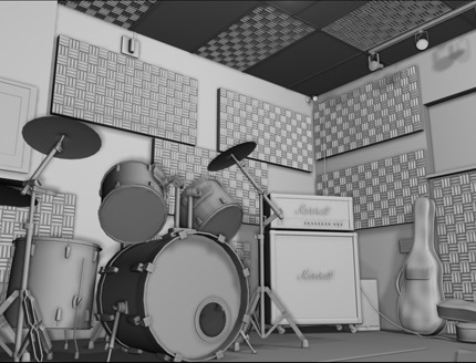 3d model of recording studio with drums using maya by evan bujold