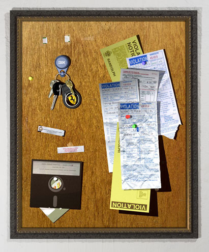 3d render floppy disk and keys trompe l'oeil after william harnett using maya golden horseshoe