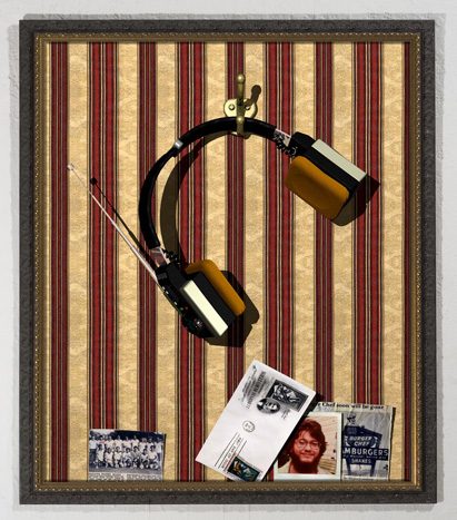 3d render radio headphones trompe l'oeil after william harnett using maya old violin
