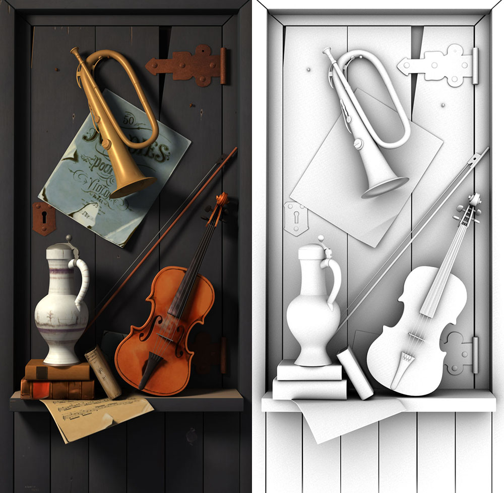 3d still life of harnett painting by sam herder